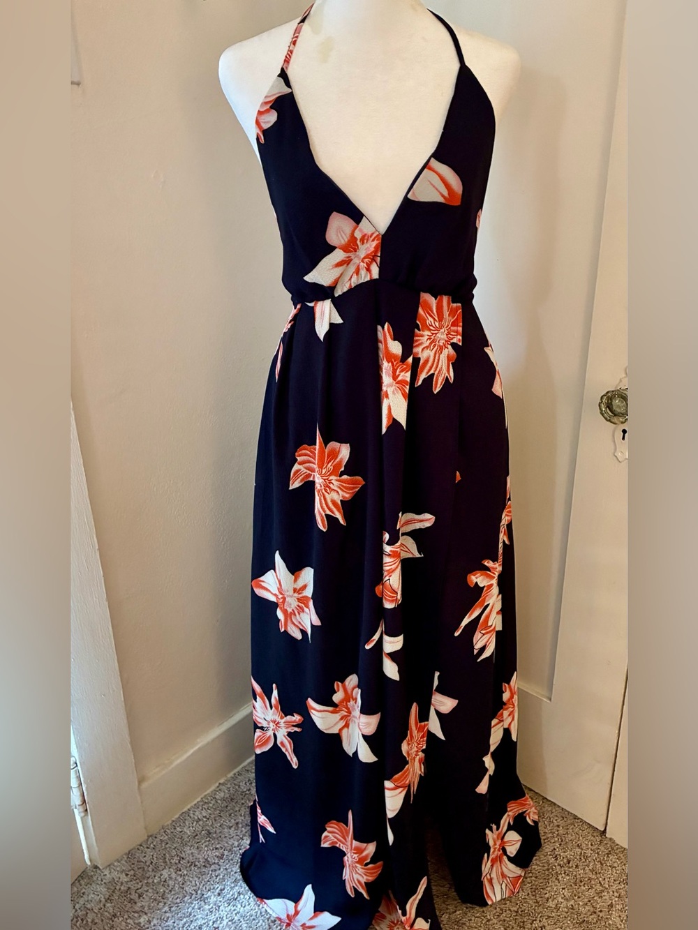 Black Maxi Dress with Coral & White Floral Print